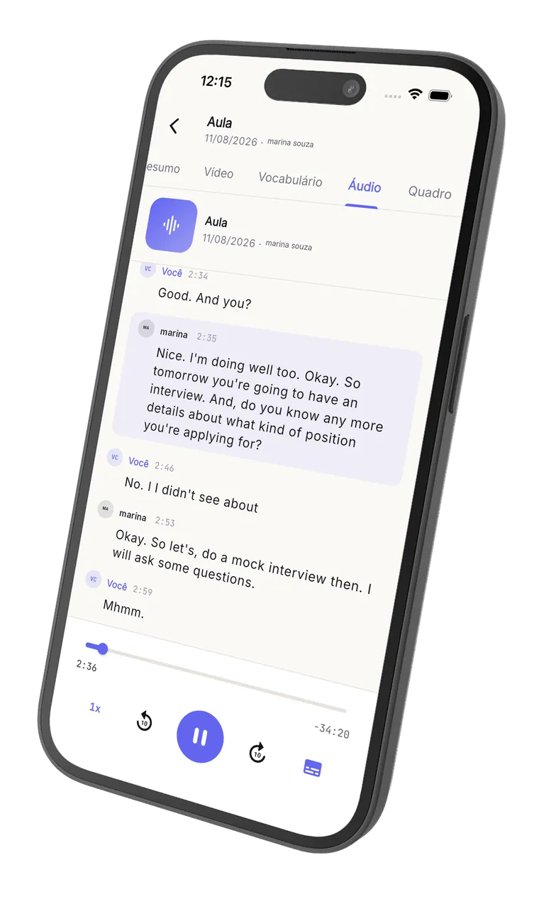Player de áudio da aula no app do Noladi