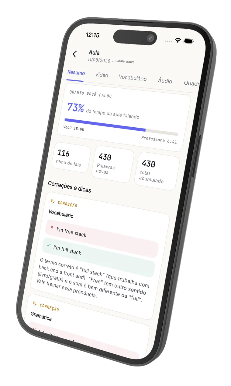 Tela de revisão da aula no app do Noladi